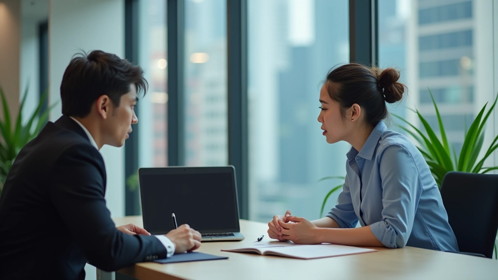 Two colleagues having a focused one-on-one conversation at desk with laptop and notes