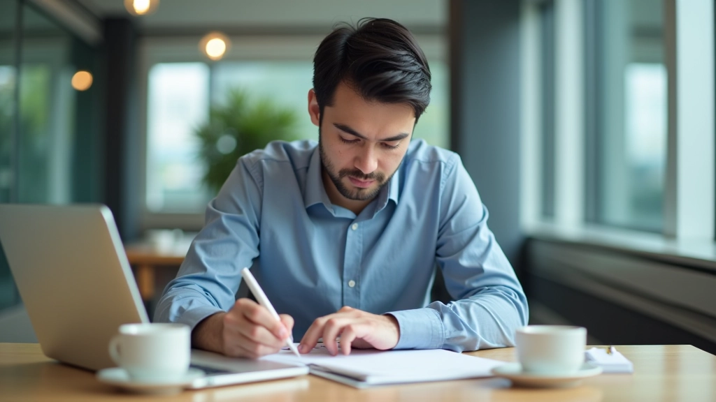 Person writing notes in a notebook during a meeting, with a laptop and coffee cup visible on the table