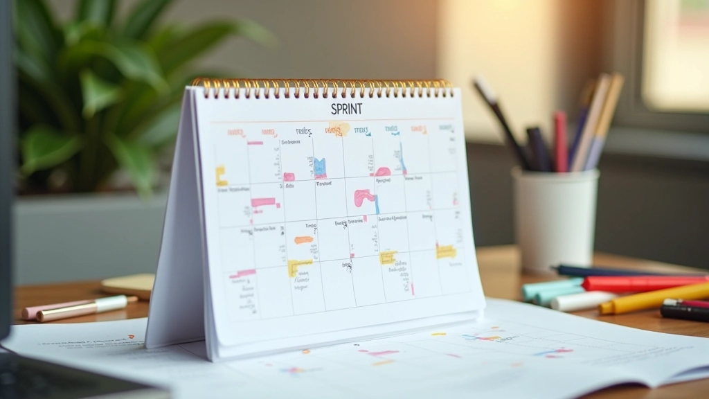 Calendar with sprint schedule and team member names marked for availability with different colored markers