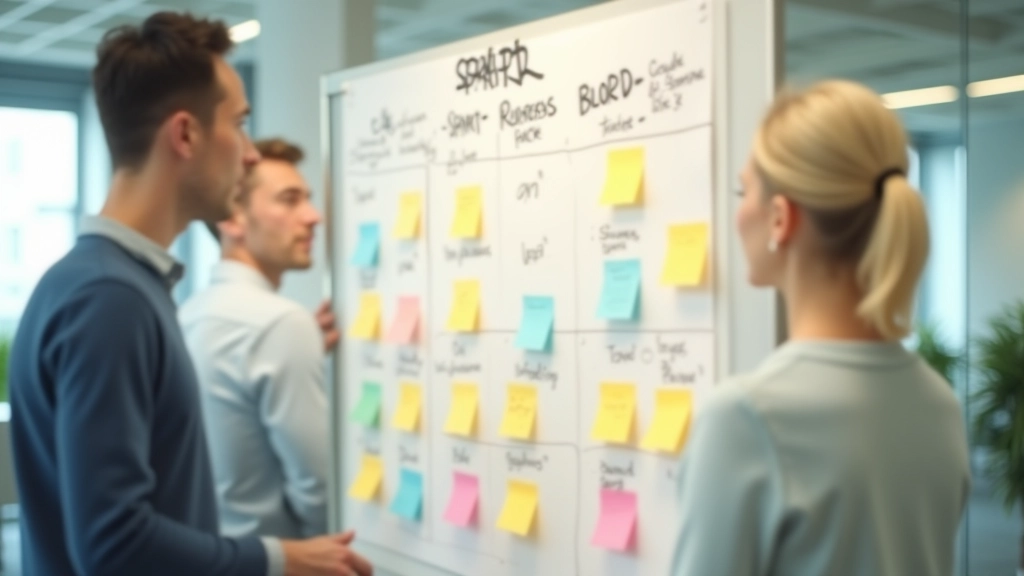 Sprint board showing columns for to-do, in-progress, and done with colorful sticky notes representing tasks