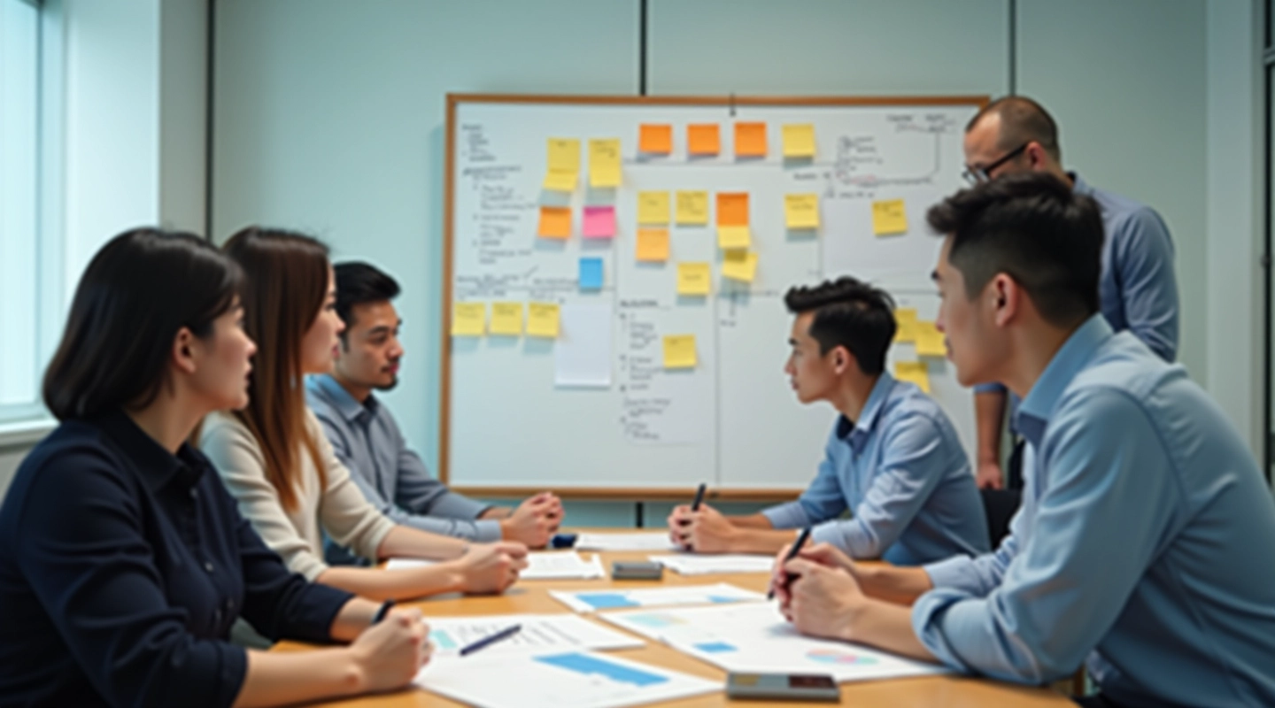 Team members reviewing sprint planning board with sticky notes and progress tracking