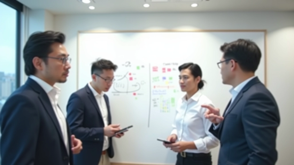 Agile team reviewing sprint metrics on a whiteboard during daily standup with sticky notes and markers