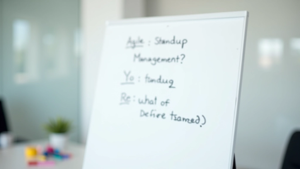 Whiteboard showing three stand-up questions written clearly with markers in an office meeting room